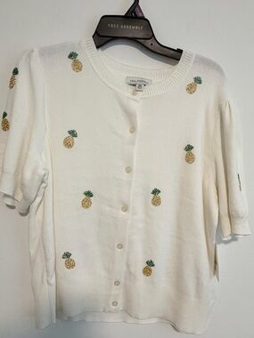 Free Assembly White Pineapple Embroidered Button Cardigan